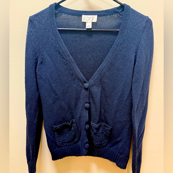 Loft‎ womens navy cardigan crochet pocket twee coastal grandma sweater size M - Picture 1 of 8